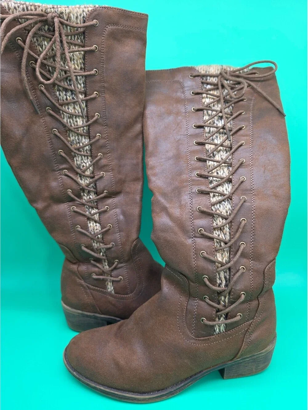 Apt. 9 Women's Tall Lace-Up Boots Brown Knit Back Side Zip Size 7.5M